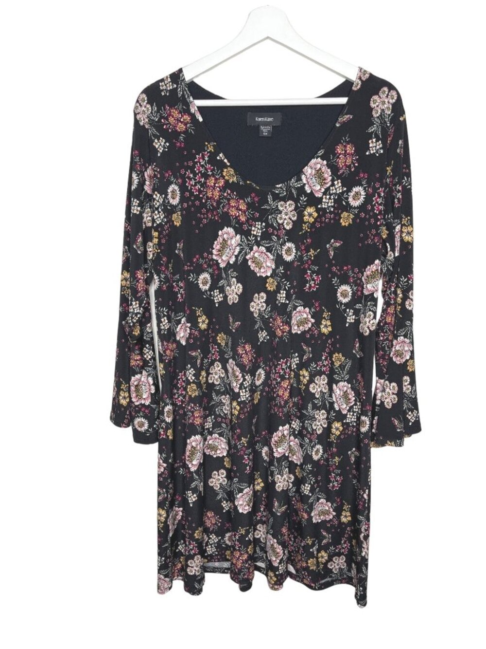 Karen Kane Women's 0X Black Pink Floral Long Sleeve Dress Boho Romantic